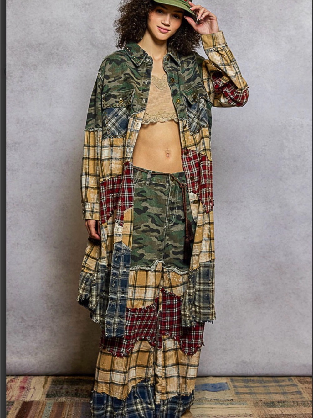 POL Camo Plaid Patchwork 2-Piece Set: Wide Leg Pants & Maxi Jacket - Picture 7 of 16